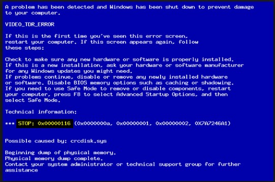 What is the blue screen of death 0x00000116