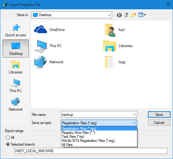 备份Windows 10中的注册表