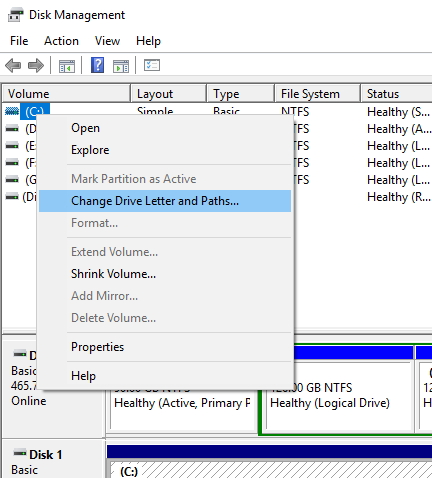 更改磁盘管理中的驱动器号