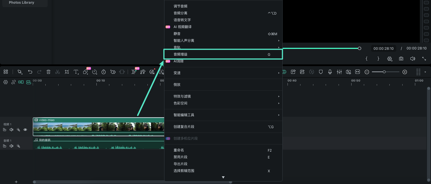 通过右键菜单访问音频增益
