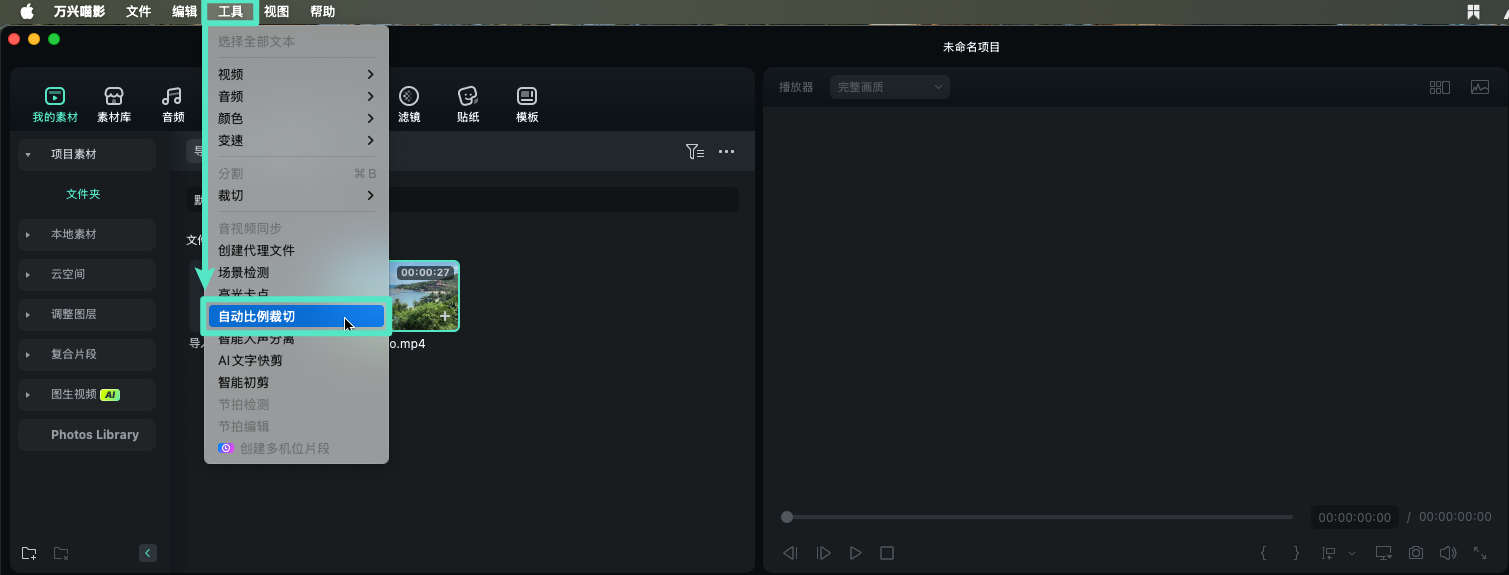 通过顶部菜单栏工具选项启用自动比例裁切