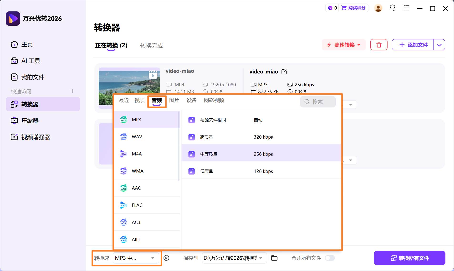 选择所需的音频格式