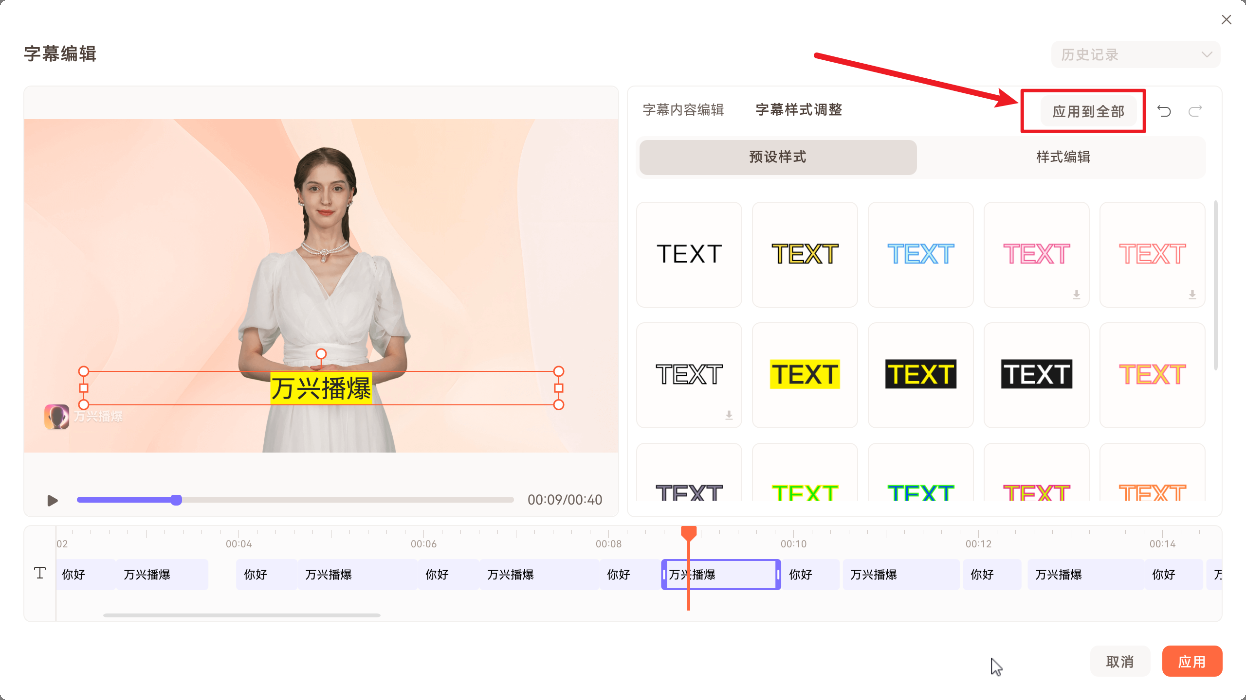 应用到当前分镜全部字幕